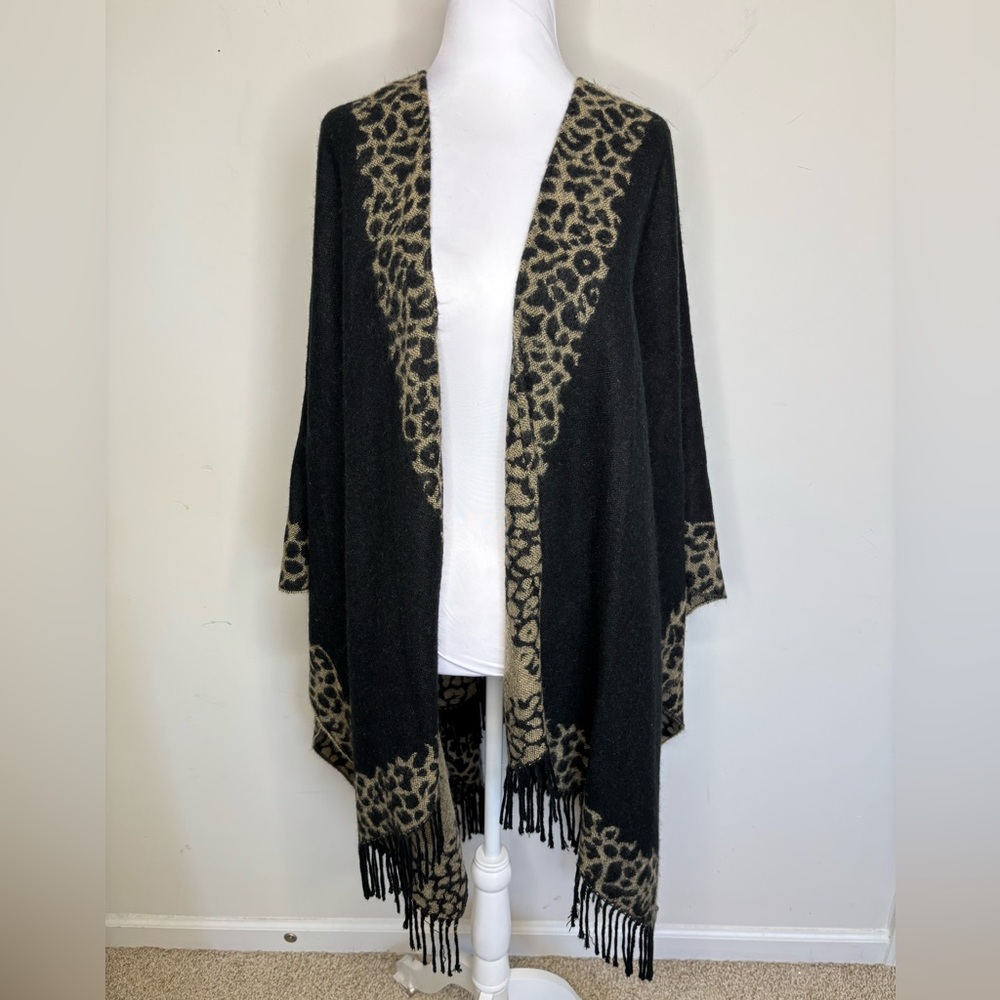 BN12 Boho Leopard Print Fringe Shawl Cardigan Black Beige FashionTrend 2026 Sz L